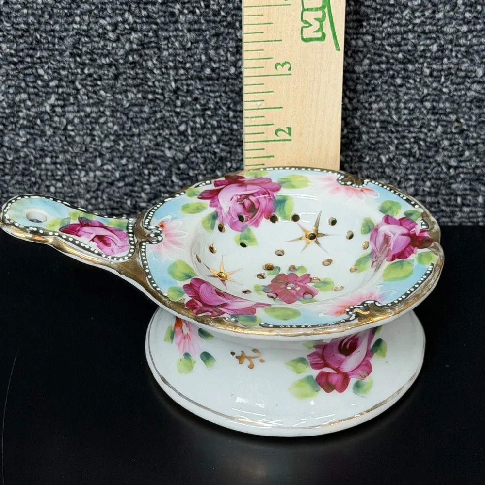 Vintage Japan Porcelain Tea Strainer Drip Bowl Pink Roses Gold Gilt Floral Set